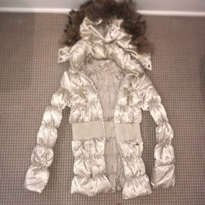 Cream Puffer Jacket with Removable Faux Fur Hood